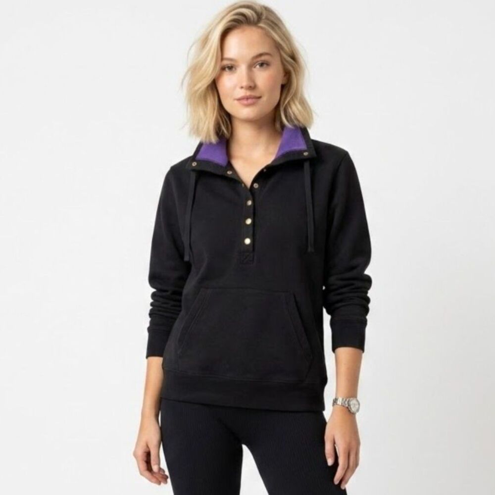 LRL Lauren VTG Activewear Fleece Top Black Purple Quarter-Snap Pullover SZ XL
